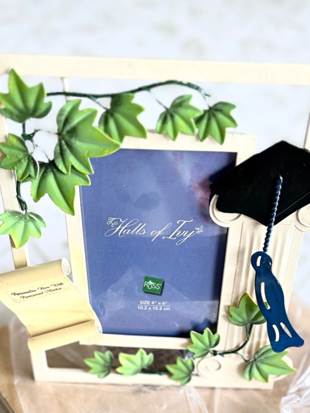 Vintage Russ Berrie 'Halls of Ivy' Graduation 3D Metal 4"x 6" Picture Frame NIB